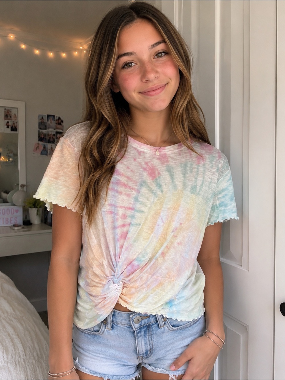 American Eagle Outfitters Pastel Pink and Light Blue Tie-Dye Tee